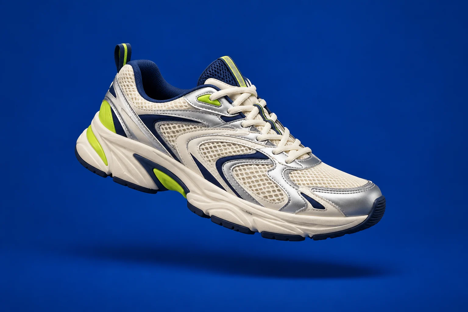 Illustrative unbranded sneaker on a cobalt background; not an actual product